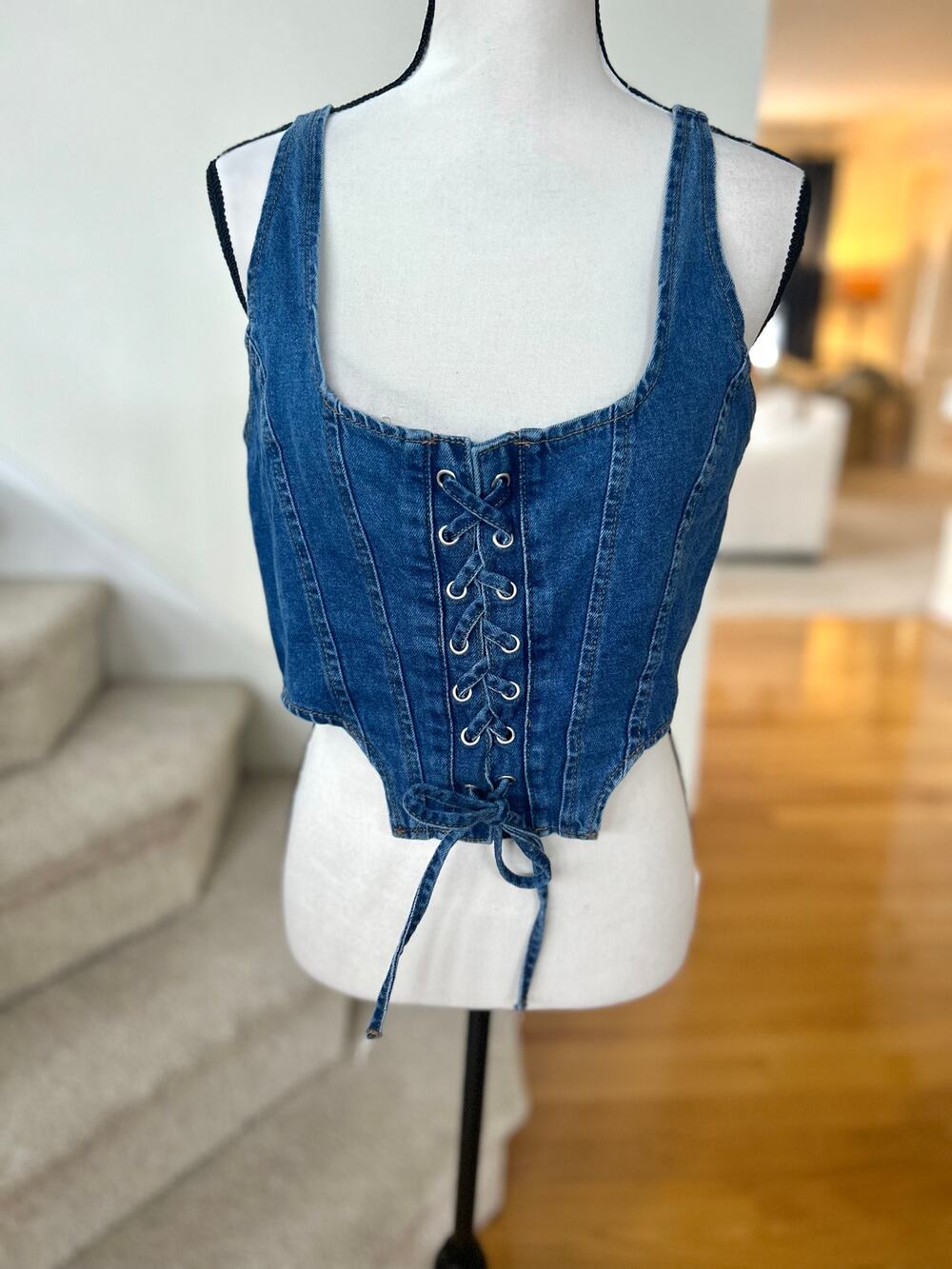 Lone Star Denim Lace Up Cropped Corset Western Cowgirl Whimsygoth Rodeo